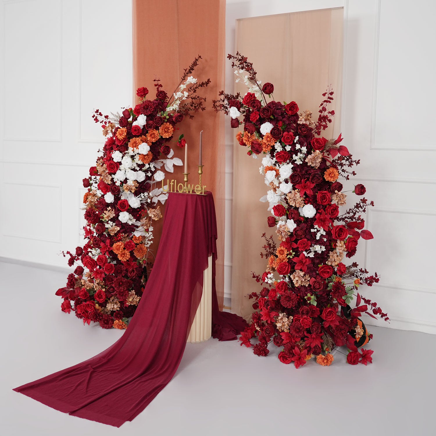 Uflower Autumn Red Rose Floral Arrangement Horn Arch Wedding Backdrop Decor
